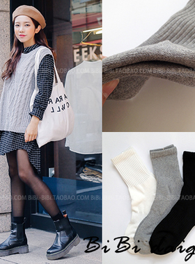 满68元包邮 韩国黑色条纹纯色基本男女潮厚底吸汗运动袜子OS26