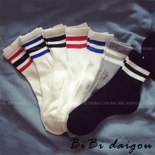 满68元 韩国双杠二条纹海军学院风男女厚底短袜棉运动袜OS30 包邮