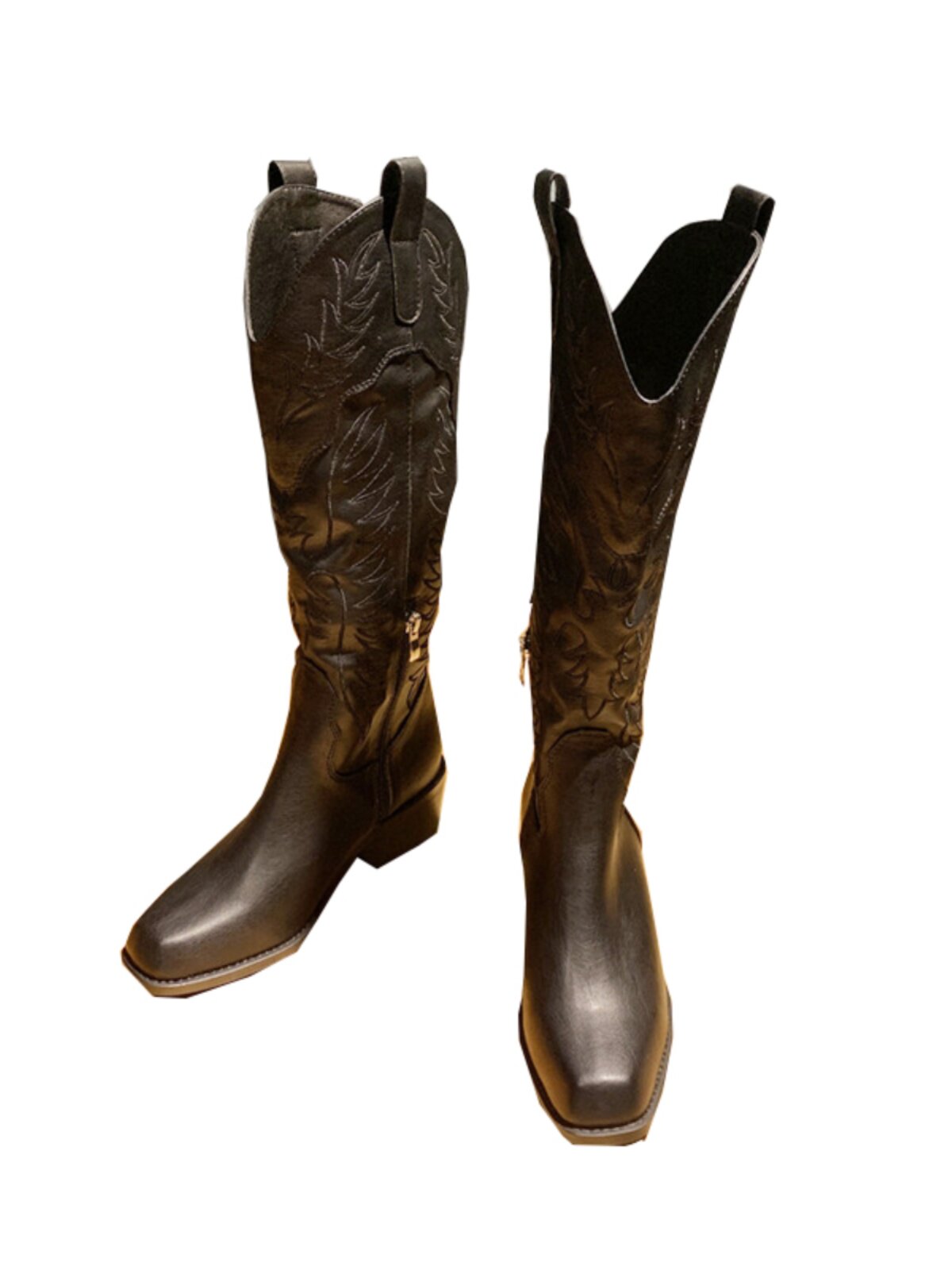 2024 NEW VINTAGE SQUARE TOE BLOCK HEEL WESTERN COWBOY BOOTS WOMENS V MOUTH EMBROIDERY RIDER BOOTS SIDE ZIPPER BOOTS TIDE