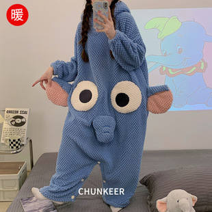 冬季连体睡衣女卡通加绒加厚长毛绒保暖带帽少女家居服可外穿