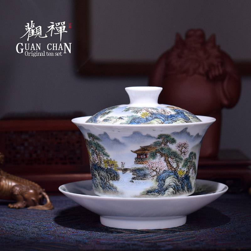 纯手绘釉上彩山水三才盖碗