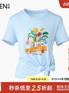 Smen诗萌卡通印花短袖T恤女蓝色夏季系带收腰松弛感显瘦百搭上衣