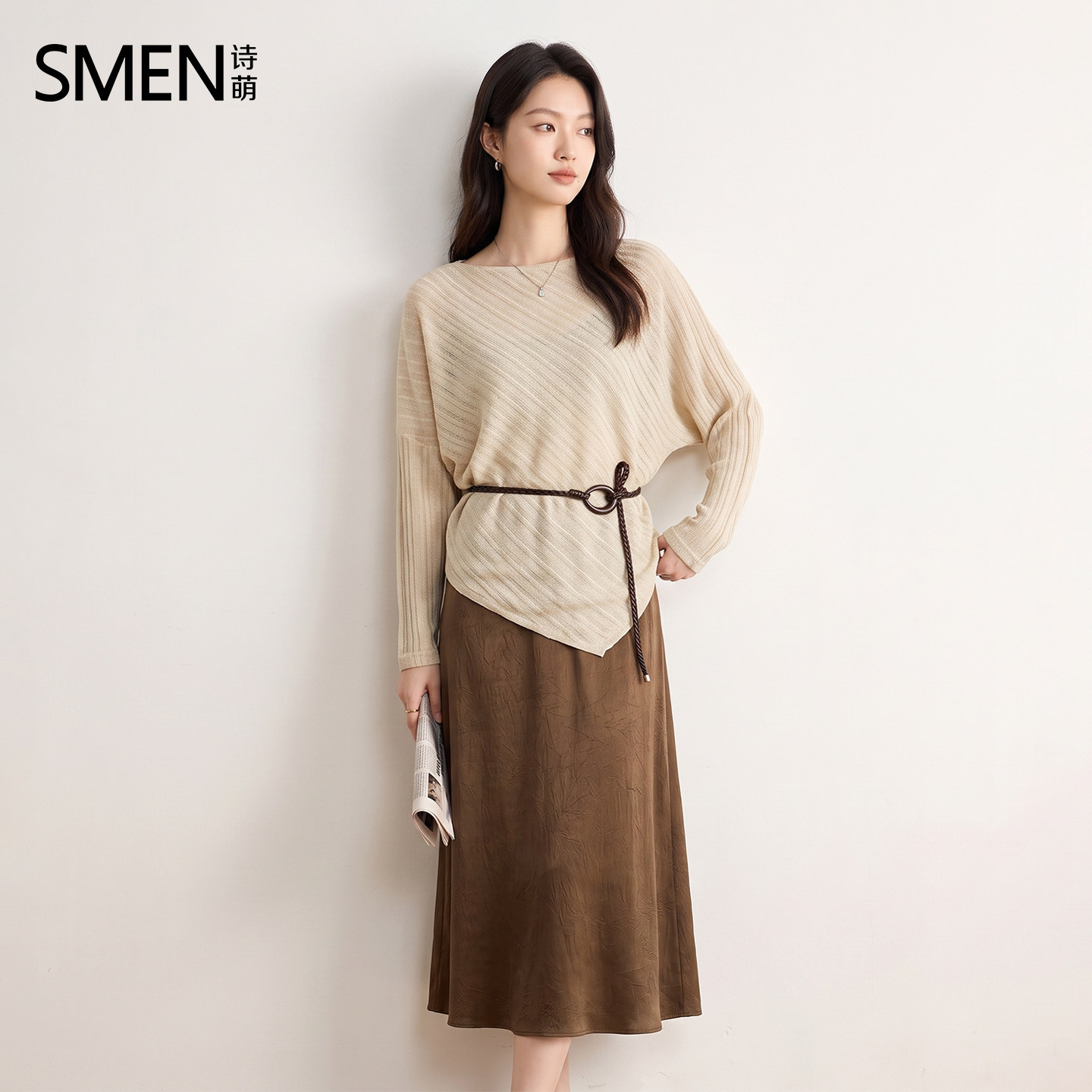 Smen诗萌叠穿针织罩衫连衣裙女2026秋季收腰腰带长裙小个子套装