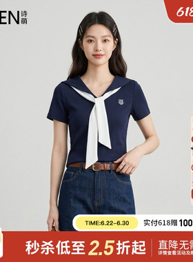Smen诗萌学院风海军领短袖T恤女2026夏季新款白色系带显瘦上衣