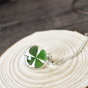 仲夏至 文艺纯银幸运四叶草手工玻璃球许愿干花时光宝石吊坠项链