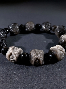 天然黑曜石醒狮手串雕刻花件水晶盘玩念珠手链情侣款diy配件