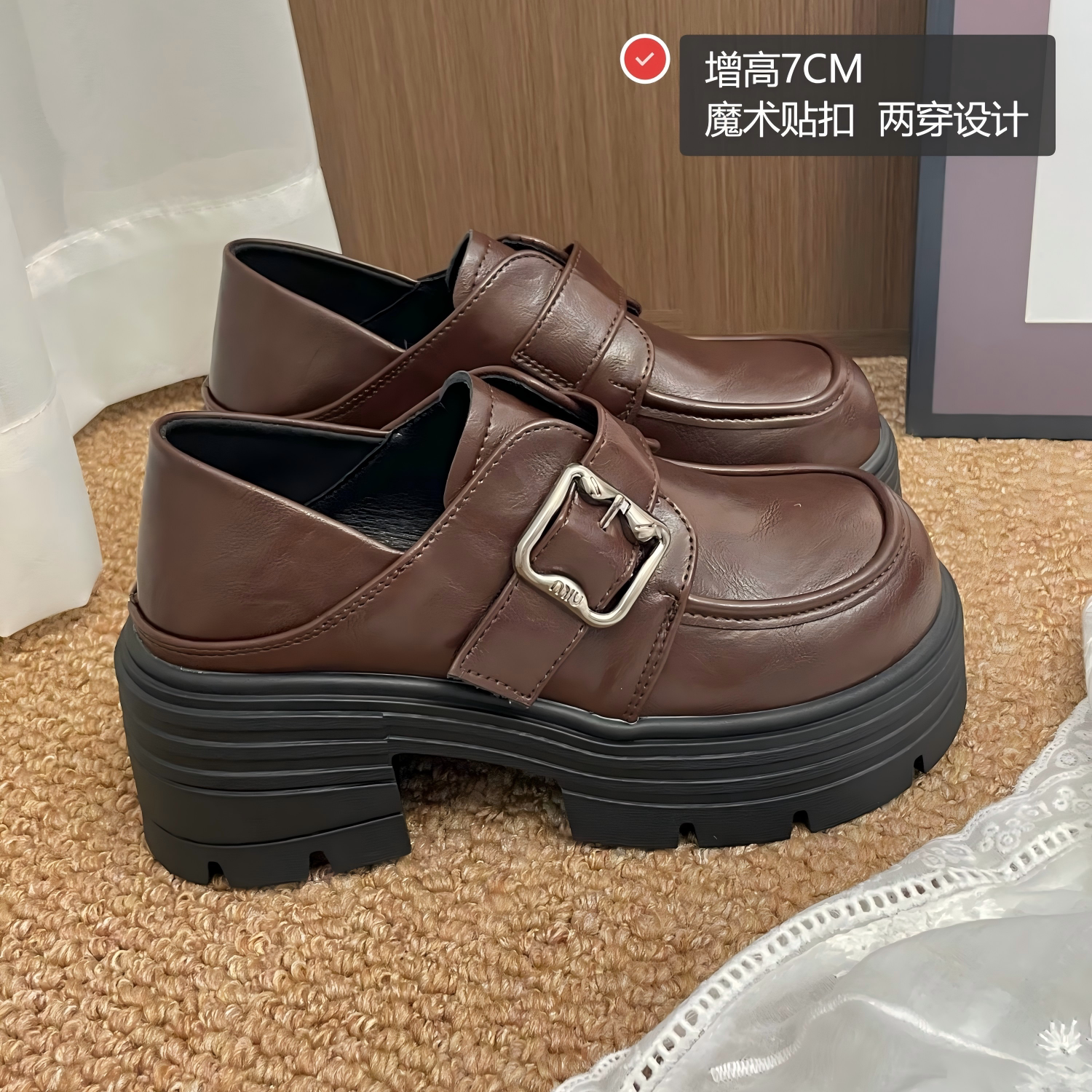 学院风乐福软皮棕色小皮鞋