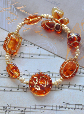 复古描金琥珀色花朵蝴蝶叶子手串