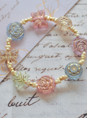 复古描金花朵蝴蝶捷克串珠手串