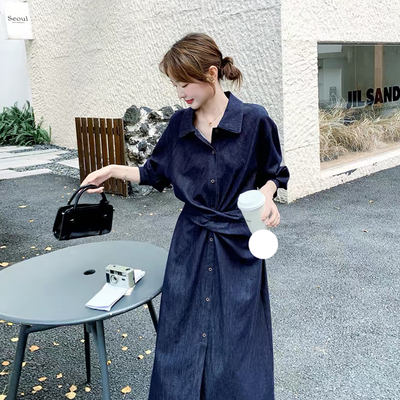 深蓝复古牛仔长袖衬衫裙女秋季