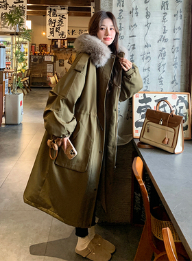 大毛领工装派克服女2026年冬季新款韩系长款过膝加绒加厚棉服外套