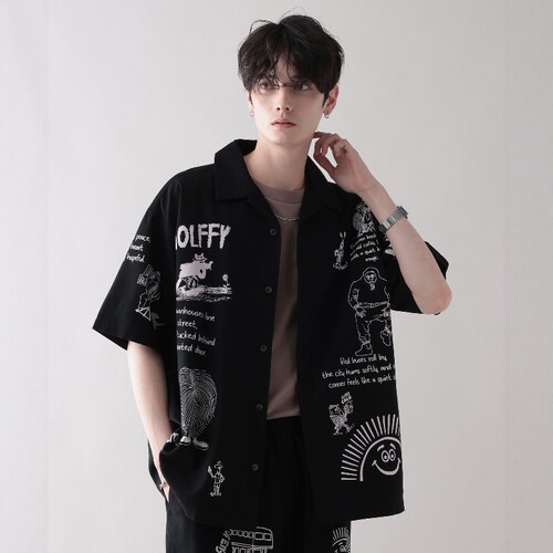 日本代购 Ryu Ambe × RAGEBLUE 插画印花短袖衬衫 583298