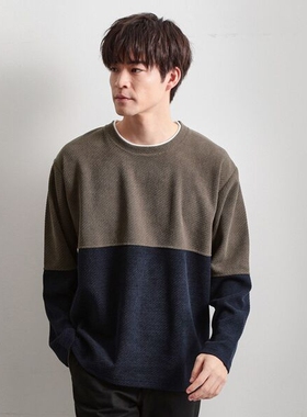 东京胖黄瓜日本代购 THE SHOP TK 拼色圆领长袖T恤 616-34028