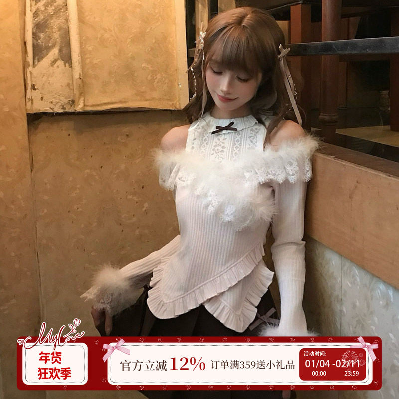 啦啦酱 京都雪 原创设计奈奈风清楚系甜美蝴蝶结露肩长袖针织衫,模玩/动漫/周边/娃圈三坑/桌游,lolita洛丽塔/软妹装/洋装,淘宝优惠券,粉丝福利购,淘宝优惠卷