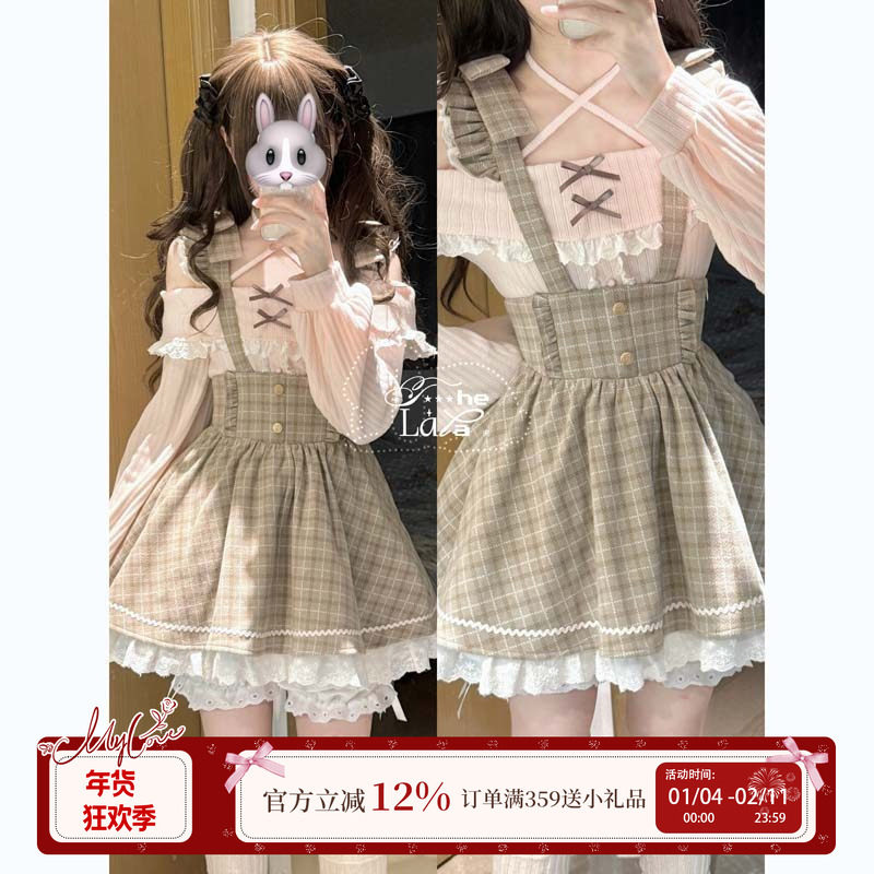 啦啦酱 绵眠猫 可爱甜美一字领蝴蝶结露肩长袖针织格子蕾丝背带裙,模玩/动漫/周边/娃圈三坑/桌游,lolita洛丽塔/软妹装/洋装,淘宝优惠券,粉丝福利购,淘宝优惠卷