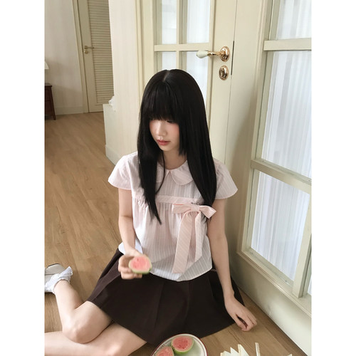 啦啦酱 初桃 中古娃娃衫粉色短袖衬衫甜美抽褶设计感上衣衫女短款