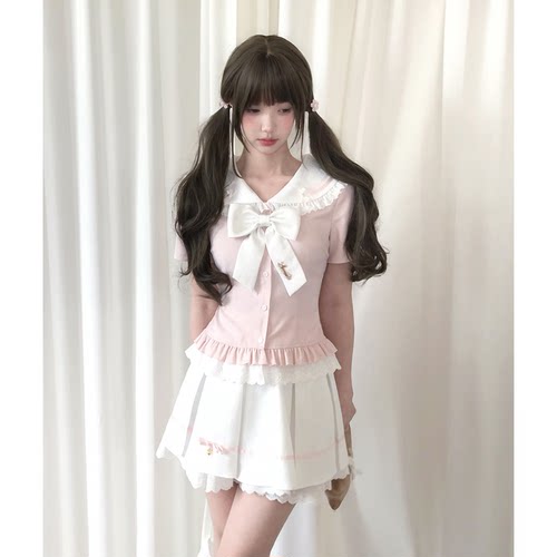 啦啦酱 樱花白巧 日系学院风甜妹少女感短袖衬衫收腰上衣半裙套装