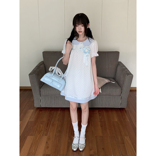 啦啦酱 小星眠 baby蓝色波点日系软妹连衣裙宽松小个子可爱短裙女