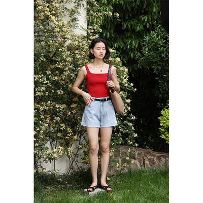 HeyDress复古高腰毛边牛仔短裤