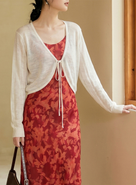 HeyDress法式蝙蝠袖针织开衫女夏季宽松V领系带防晒空调衫短上衣
