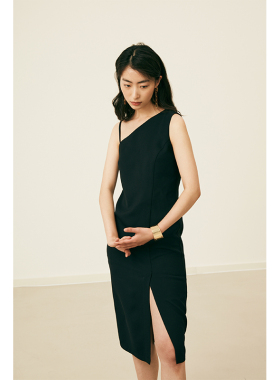 HeyDress黑色吊带连衣裙女夏季垂感斜领设计感小黑裙气质小众裙子