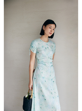 HeyDress绿色晕染印花连衣裙女夏季收腰抽褶设计感新中式气质裙子