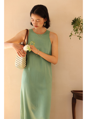 HeyDress绿色连衣裙女夏季法式圆领宽松收腰垂感无袖气质缎面裙子