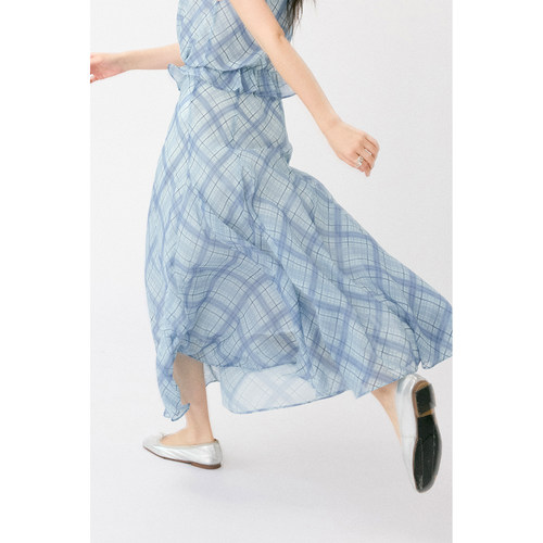 HeyDress法式格纹气质套装女夏季荡领花边上衣高腰立体斜裁半身裙