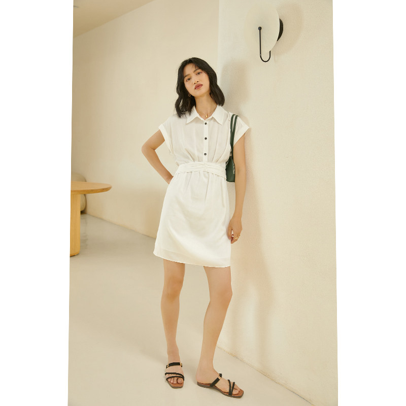 1衬衫连衣裙女夏季POLO领收腰褶皱设计感无袖中长款裙子