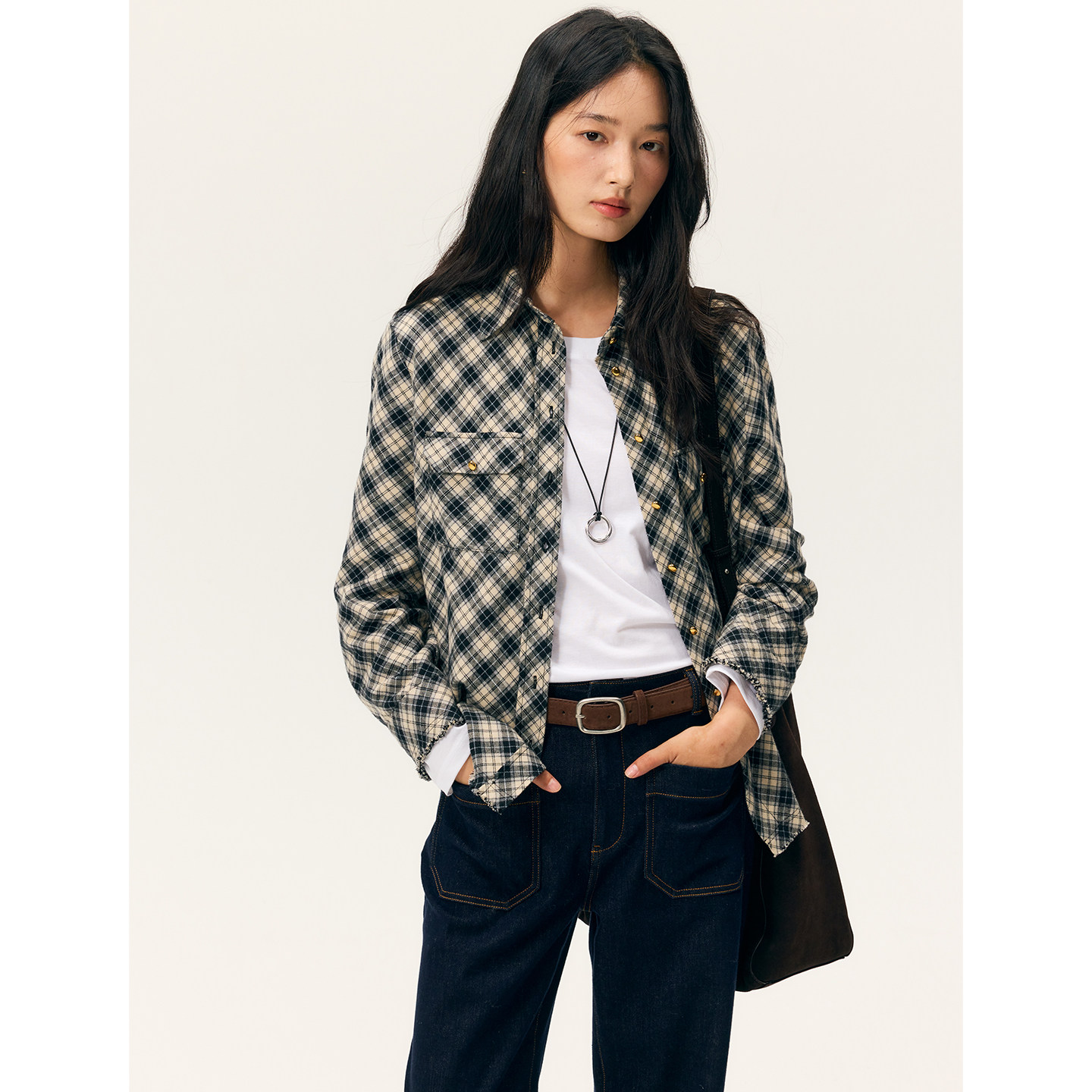 HeyDress复古格纹衬衫女春季法式双面磨毛设计衬衣百搭气质长袖衣