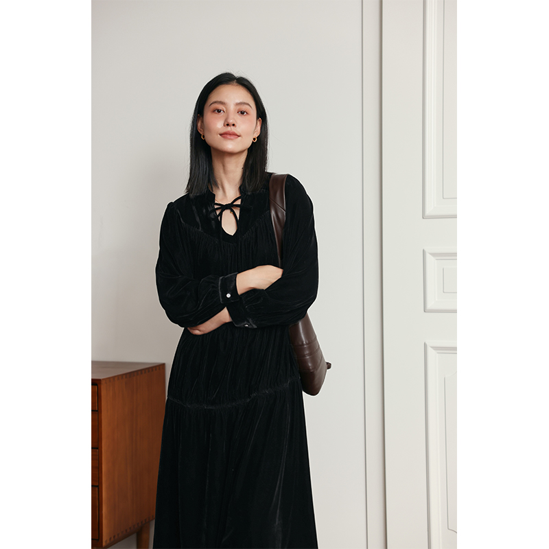 HeyDress法式复古丝绒赫本连衣裙