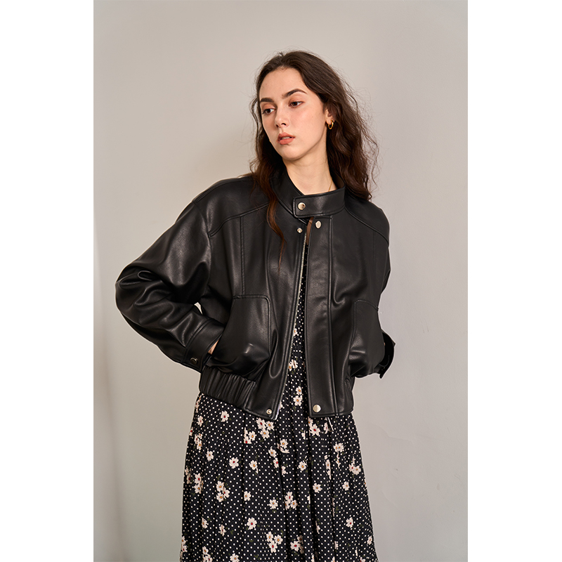 Heydress机车风立领皮衣外套