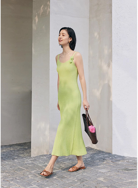 HeyDress法式针织吊带裙女夏季钩花绑带设计感修身垂感a字连衣裙
