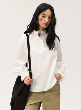 HeyDress法式花边领衬衫女春季宫廷风设计感衬衣白色泡泡袖上衣