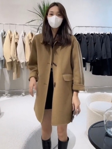 双面羊绒大衣女中长款牛角扣直筒方领驼色羊毛呢外套2023秋冬新款