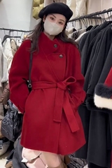 过年红色双面羊绒大衣女短款秋冬新款系带修身显瘦立领羊毛呢外套