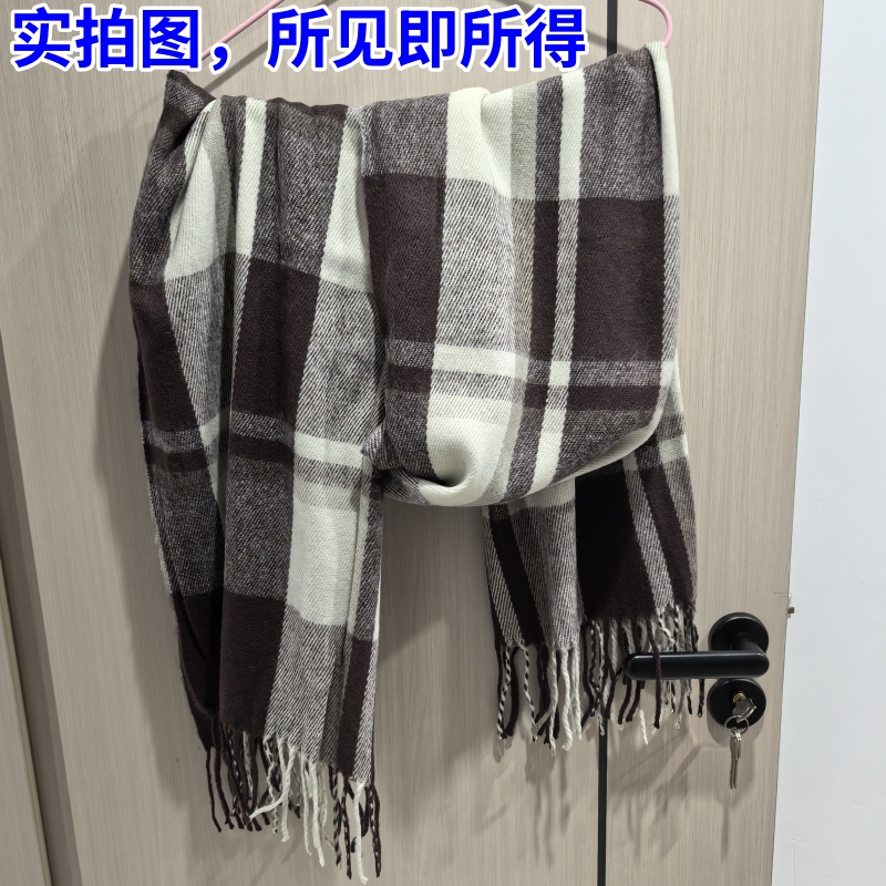 男高端双面用格子羊绒围巾女长款加大加厚保暖两用披肩W2001P20，围巾，四季服饰