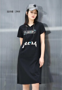 莫西摩cp帕斯宝夏季v领黑色短袖连衣裙运动风字母抽绳连帽Q2968