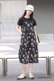 莫西摩新款夏装时尚黑色英文印花假两件短袖圆领中长t恤连衣裙