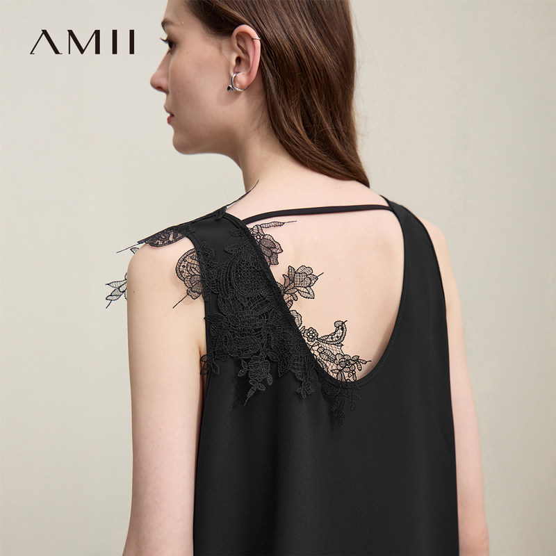 Amii2026夏新款松弛感宽松U领蕾丝拼接雪纺吊带背心女内搭上衣