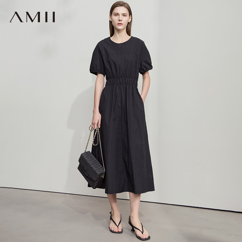 AMII【简约素净连衣裙】韩版休闲简约素净棉感收腰中长款连衣裙