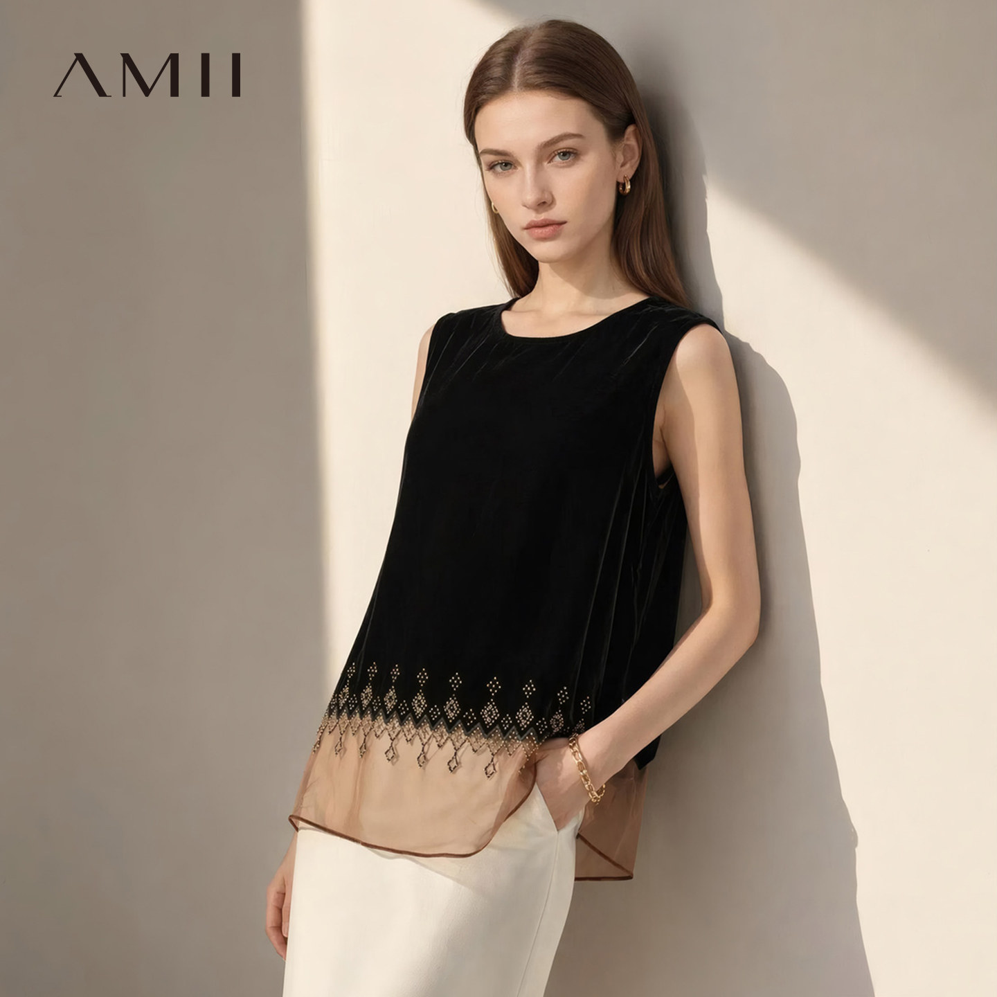 Amii【国风马夹衬衫】26夏国风圆领金丝绒马夹新中式女装衬衣女