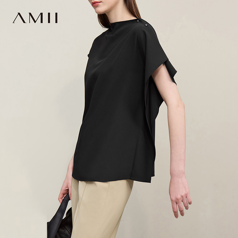 Amii2026夏新款法式优雅半高领不对称袖雪纺衫女宽松飘逸垂感上衣