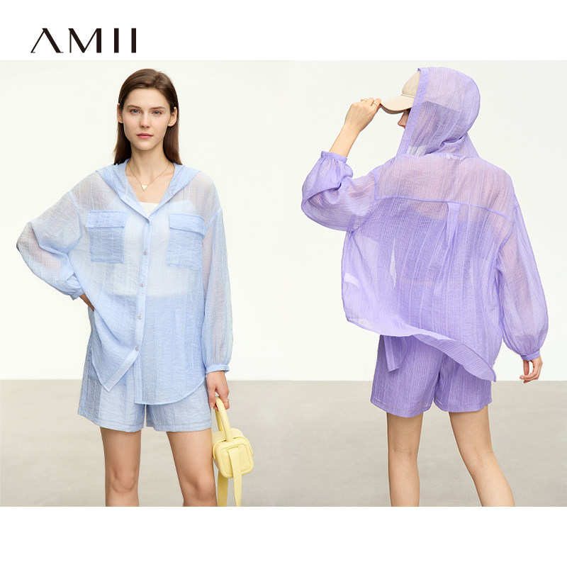 Amii2023夏新款休闲风透视皱褶肌理连帽衬衫休闲短裤女套装两件套