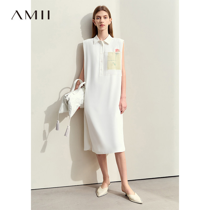 Amii2026夏新款翻领艺术感印花贴布无袖连衣裙女宽肩H型衬衫裙