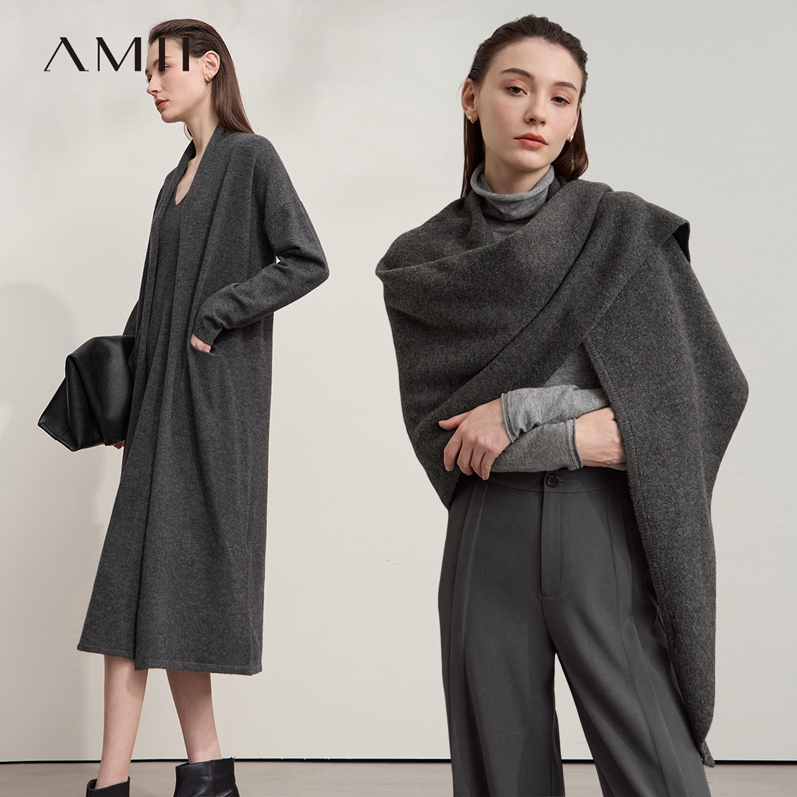 Amii慵懒风落肩袖V领连衣裙开衫披肩三件套女2025秋新款针织套装