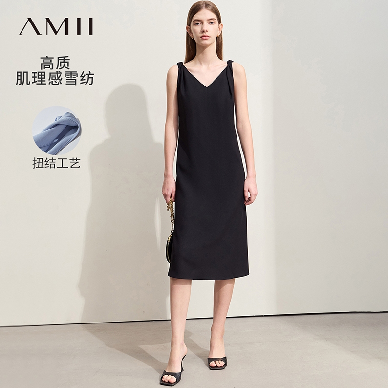 Amii2025夏新款通勤V领扭结无袖背心裙连衣裙女露背宽松雪纺裙子
