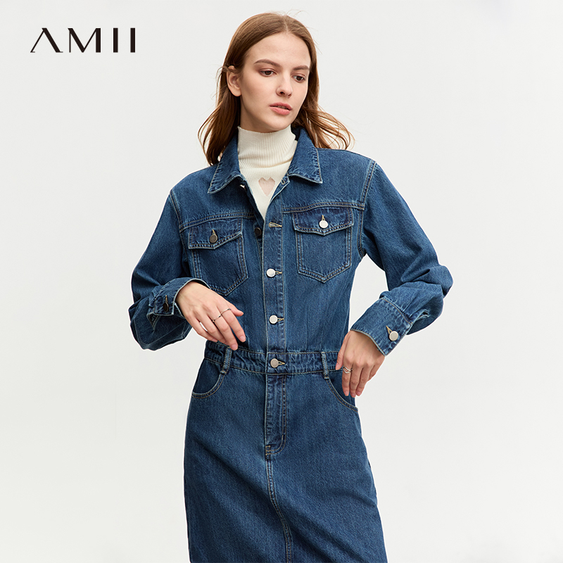Amii极简牛仔连衣裙女2025冬季新款短款通勤工装裙长袖套头衬衫裙