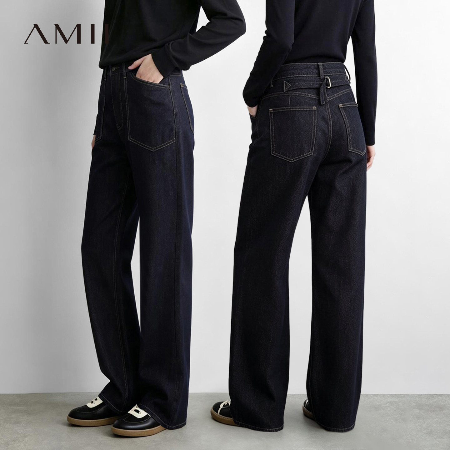 Amii2026秋新款帅气复古休闲风直筒裤牛仔长裤女异形扣袢带裤子