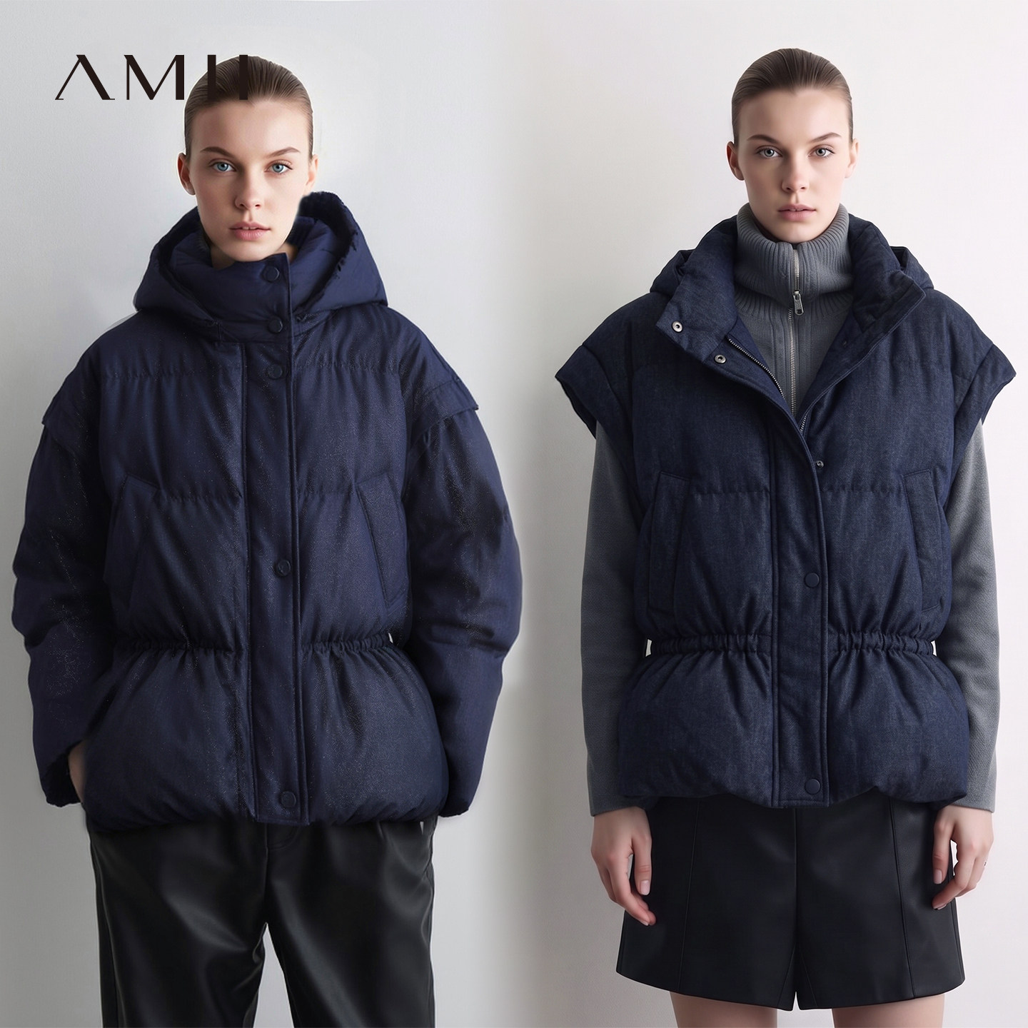 Amii2026冬新款可拆卸帽子衣袖多穿法马夹羽绒服女宽松温暖上衣